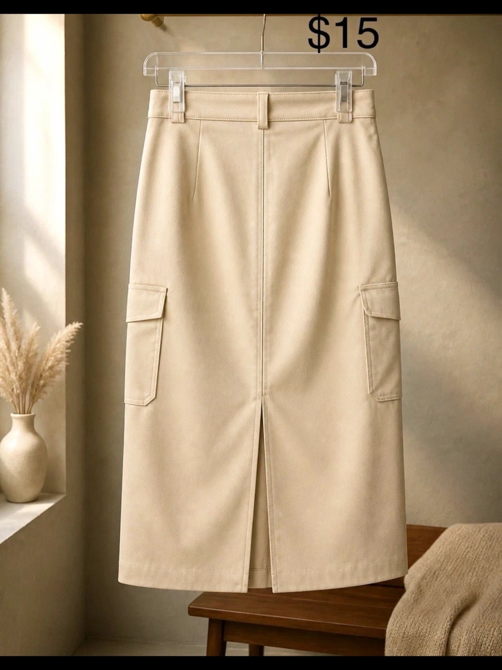 Women’s Beige Solid Maxi Style Midi Skirt Pockets Front Slit Size S